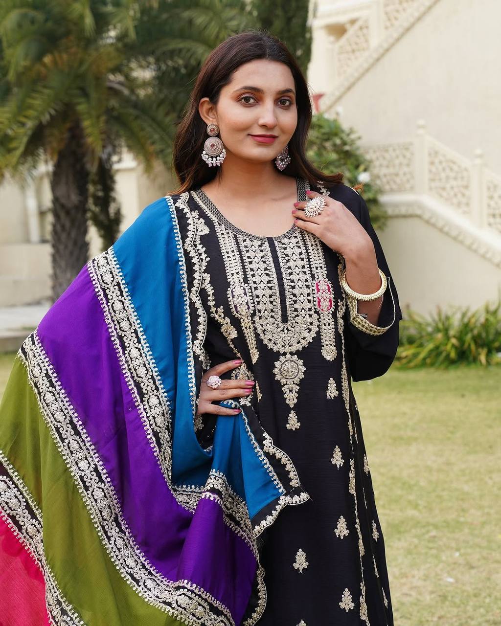Black Pure Chinnon Silk Coding Sequence Embroidered Salwar Suit With Dupatta