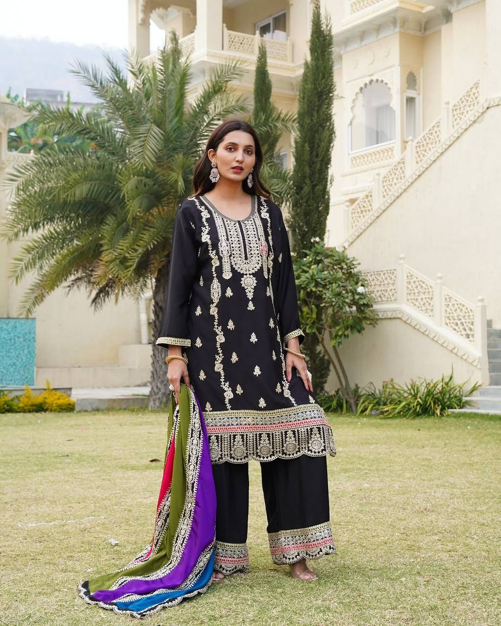 Black Pure Chinnon Silk Coding Sequence Embroidered Salwar Suit With Dupatta