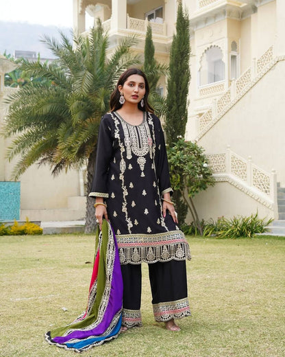 Black Pure Chinnon Silk Coding Sequence Embroidered Salwar Suit With Dupatta