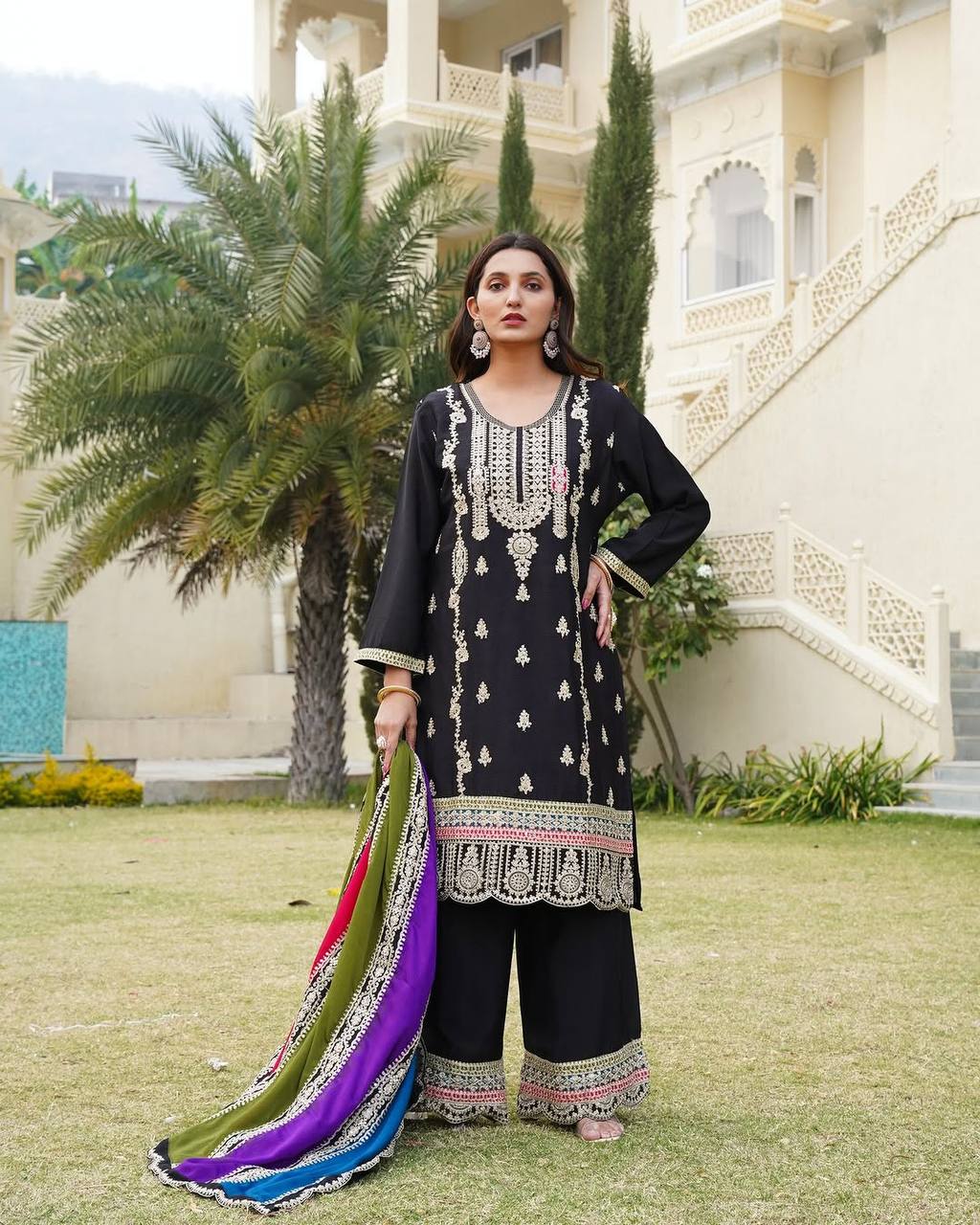 Black Pure Chinnon Silk Coding Sequence Embroidered Salwar Suit With Dupatta