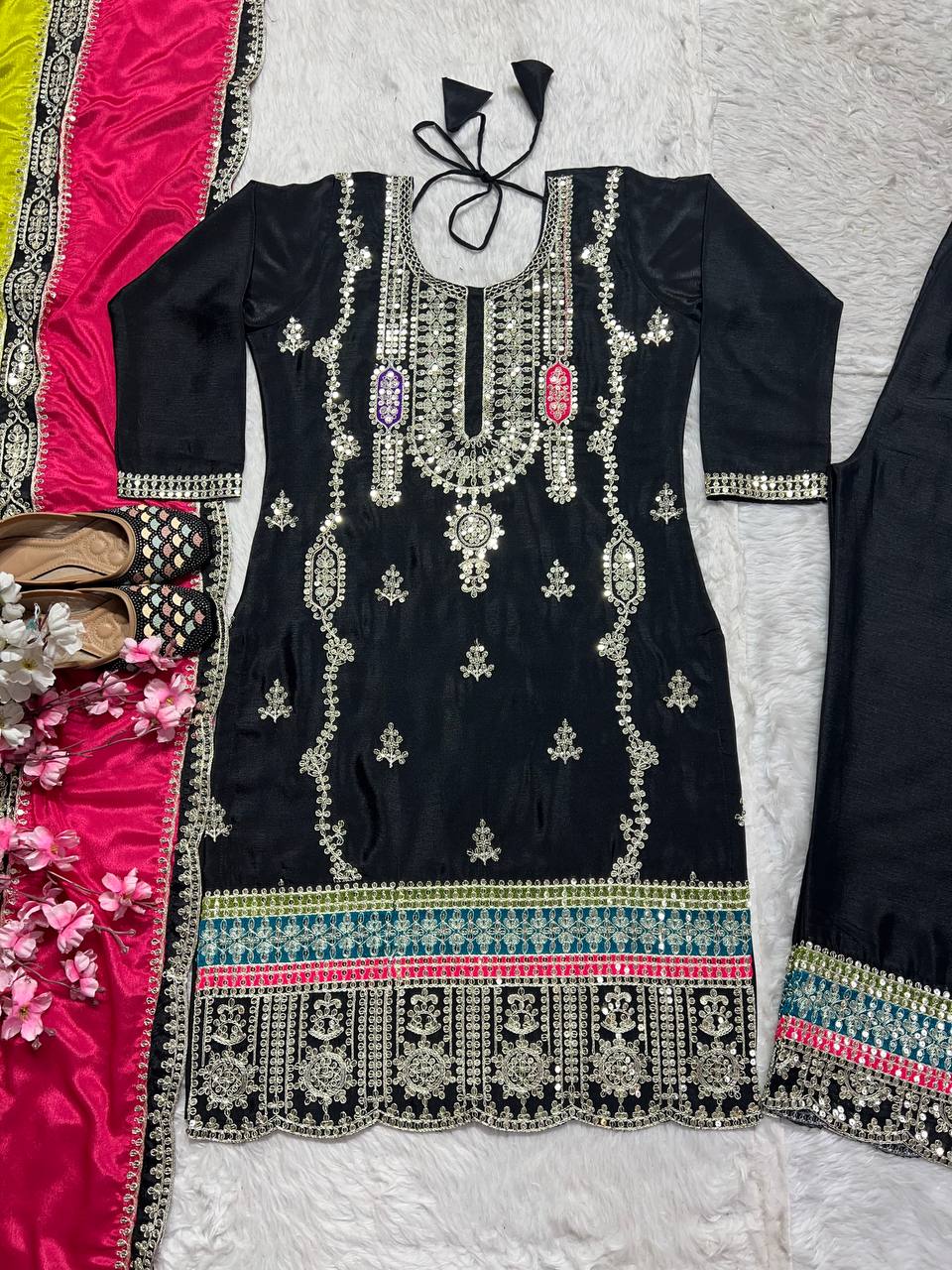 Black Pure Chinnon Silk Coding Sequence Embroidered Salwar Suit With Dupatta