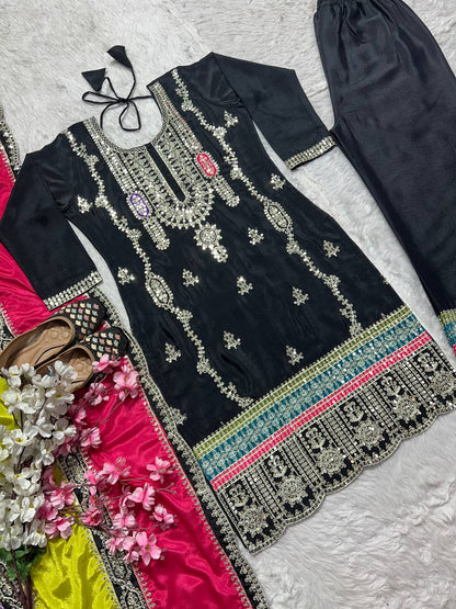 Black Pure Chinnon Silk Coding Sequence Embroidered Salwar Suit With Dupatta