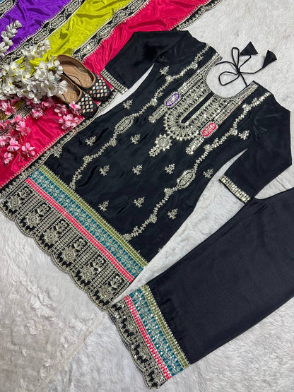 Black Pure Chinnon Silk Coding Sequence Embroidered Salwar Suit With Dupatta