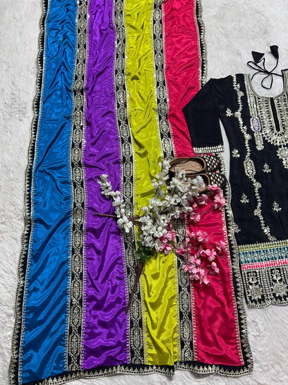 Black Pure Chinnon Silk Coding Sequence Embroidered Salwar Suit With Dupatta