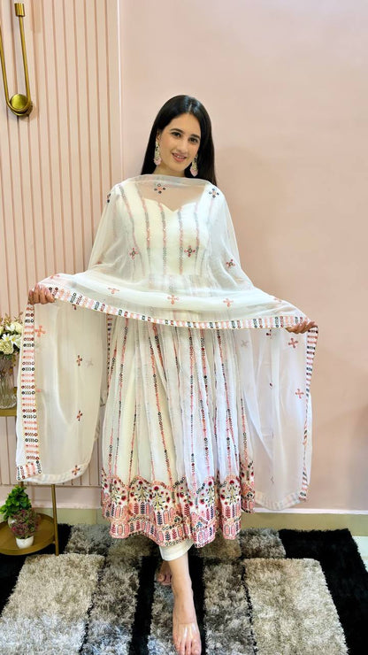 WHITE MULTICOLORED-EMBROIDERY FLOOR LENGTH GOWN WITH SALWAR AND DUPATTA