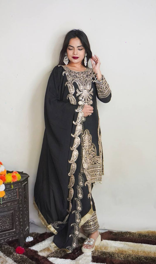 BLACK CHINNON SEQUENCE CODING EMBROIDERED SALWAR SUIT WITH DUPATTA