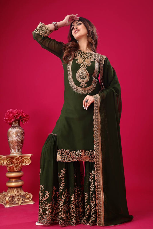 Blooming Faux Georgette With Heavy Embroidery Sequence Work Gharara Salwar Suit With Dupatta
