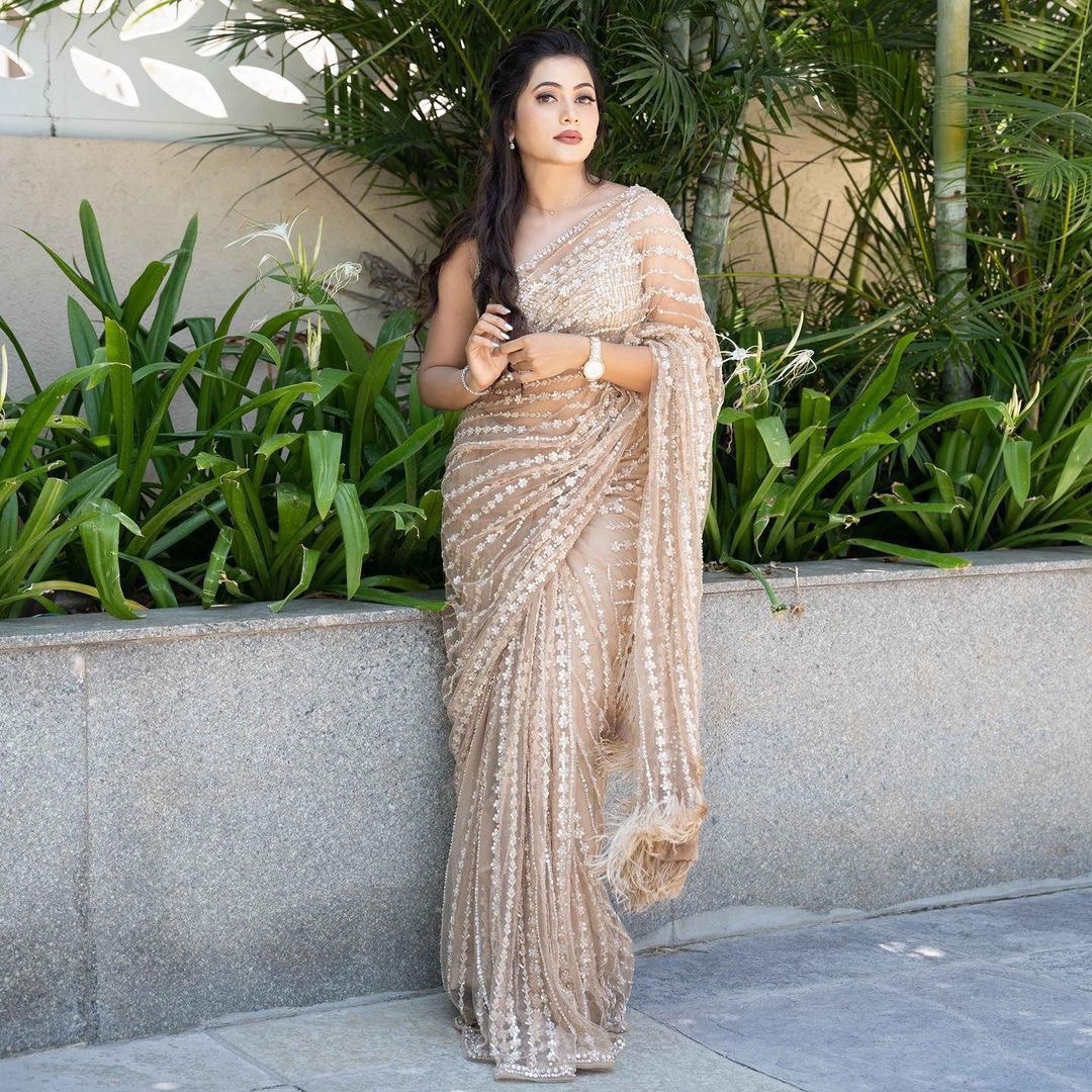 Soft Net WORK Beautiful Fancy Sequance Embroidery work Feather Lace In Pallu Border Saree