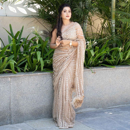 Soft Net WORK Beautiful Fancy Sequance Embroidery work Feather Lace In Pallu Border Saree