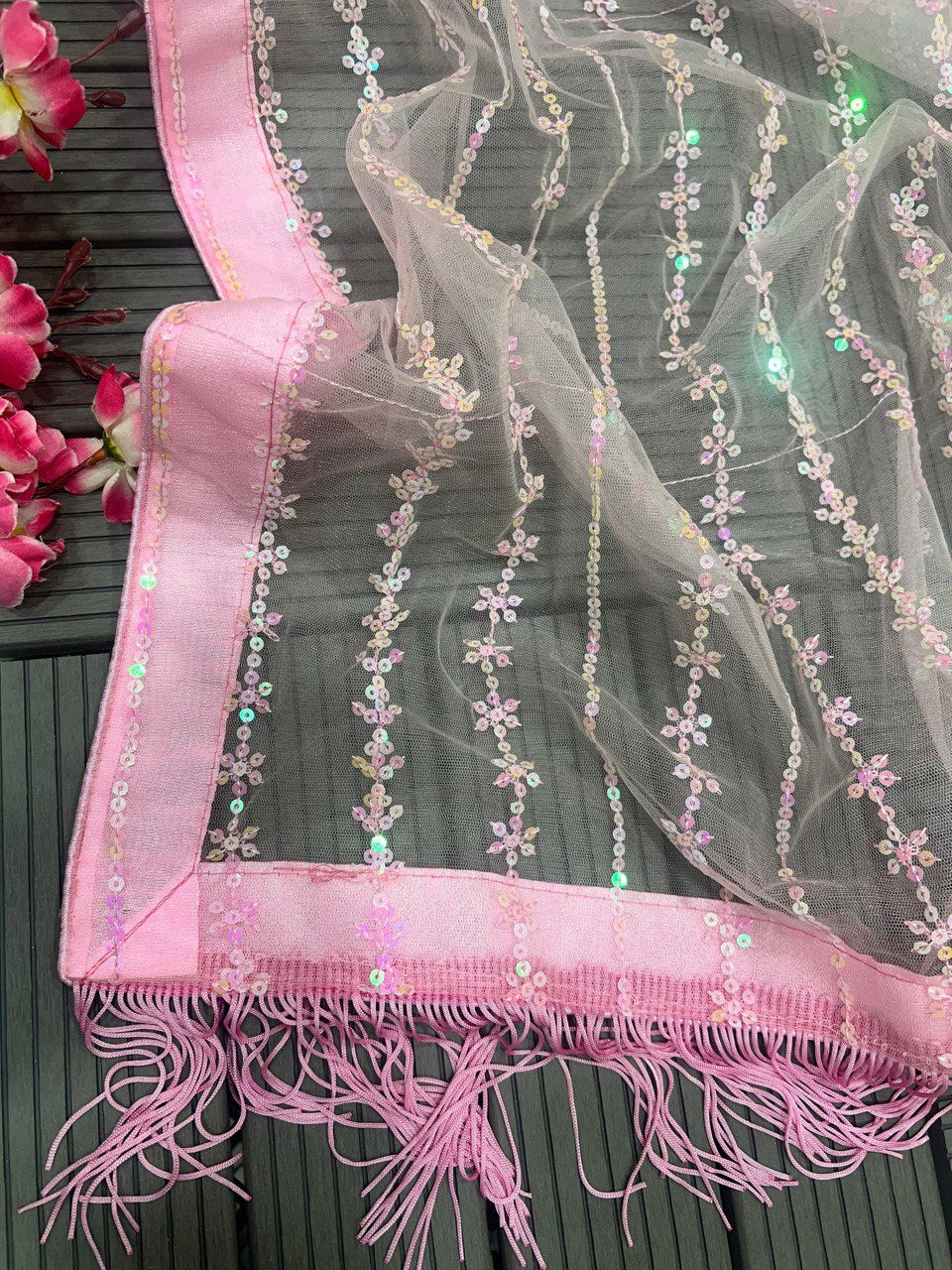 Soft Net WORK Beautiful Fancy Sequance Embroidery work Feather Lace In Pallu Border Saree