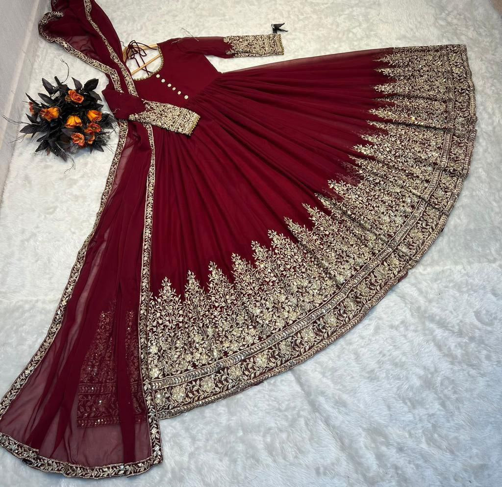 MAROON FAUX GEORGETTE SEQUENCE EMBROIDERY GOWN WITH DUPATTA