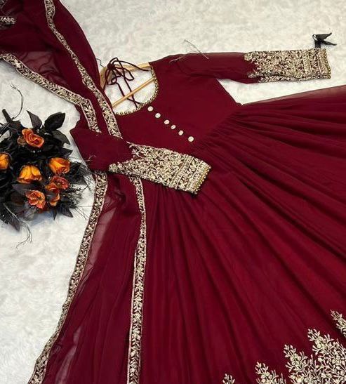 MAROON FAUX GEORGETTE SEQUENCE EMBROIDERY GOWN WITH DUPATTA