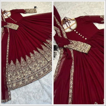 MAROON FAUX GEORGETTE SEQUENCE EMBROIDERY GOWN WITH DUPATTA