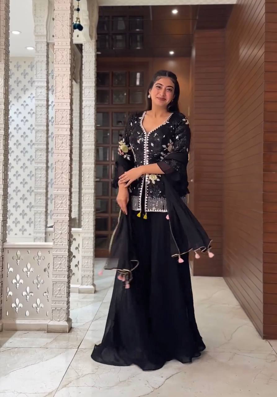 BLACK FAUX GEORGETTE FULLY EMBROIDERED SHARARA SALWAR SUIT WITH DUPATTA