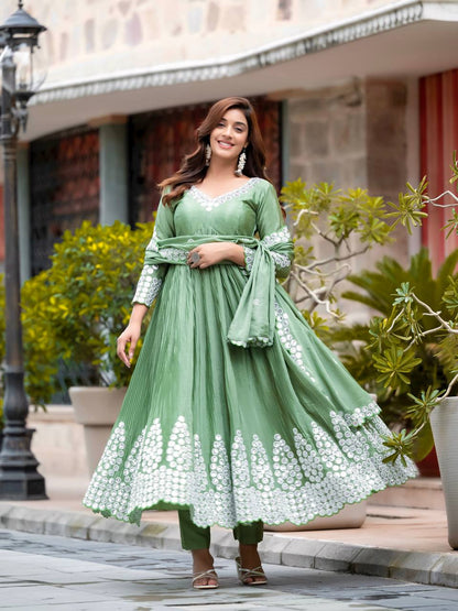 PURE CHINNON SILK CRUSH FULLY LOADED ANARKALI GOWN WITH BOTTOM AND DUPATTA