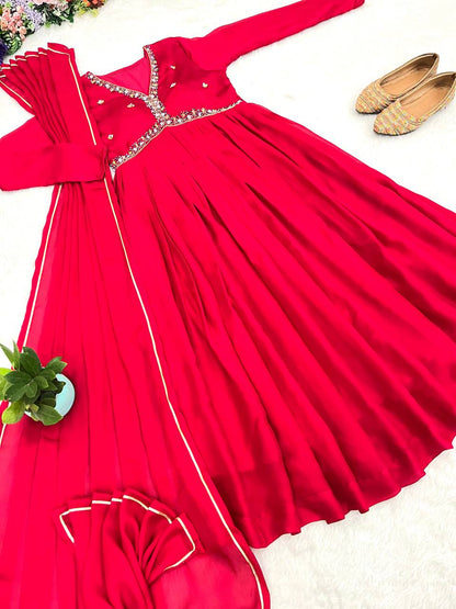 RED RANGOLI SILK HANDWORK FLOOR LENGTH ANARKALI GOWN WITH BOTTOM AND DUPATTA