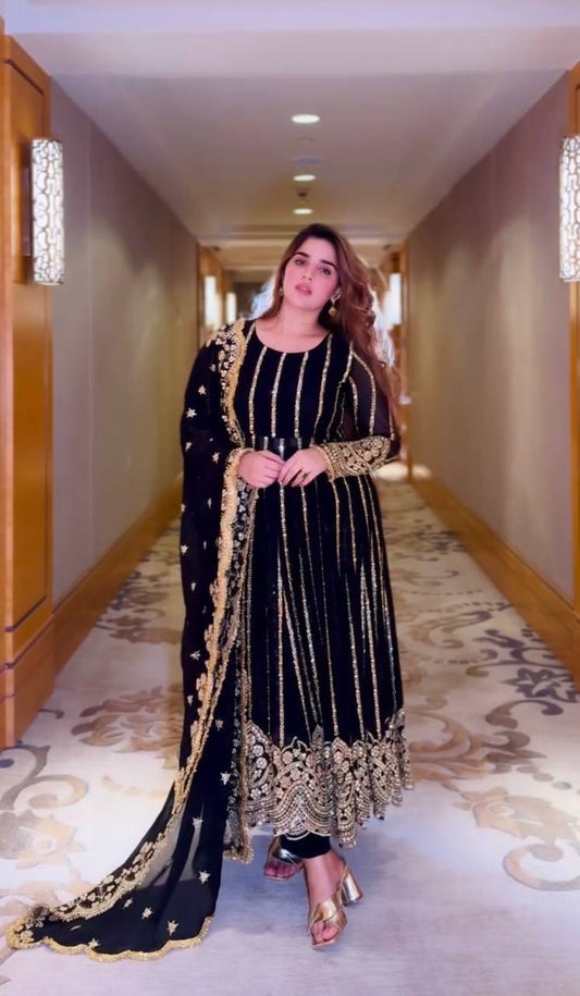 BLACK NAIRA CUT GEORGETTE SEQUENCE EMBROIDERED ANARKALI SALWAR SUIT WITH DUPATTA