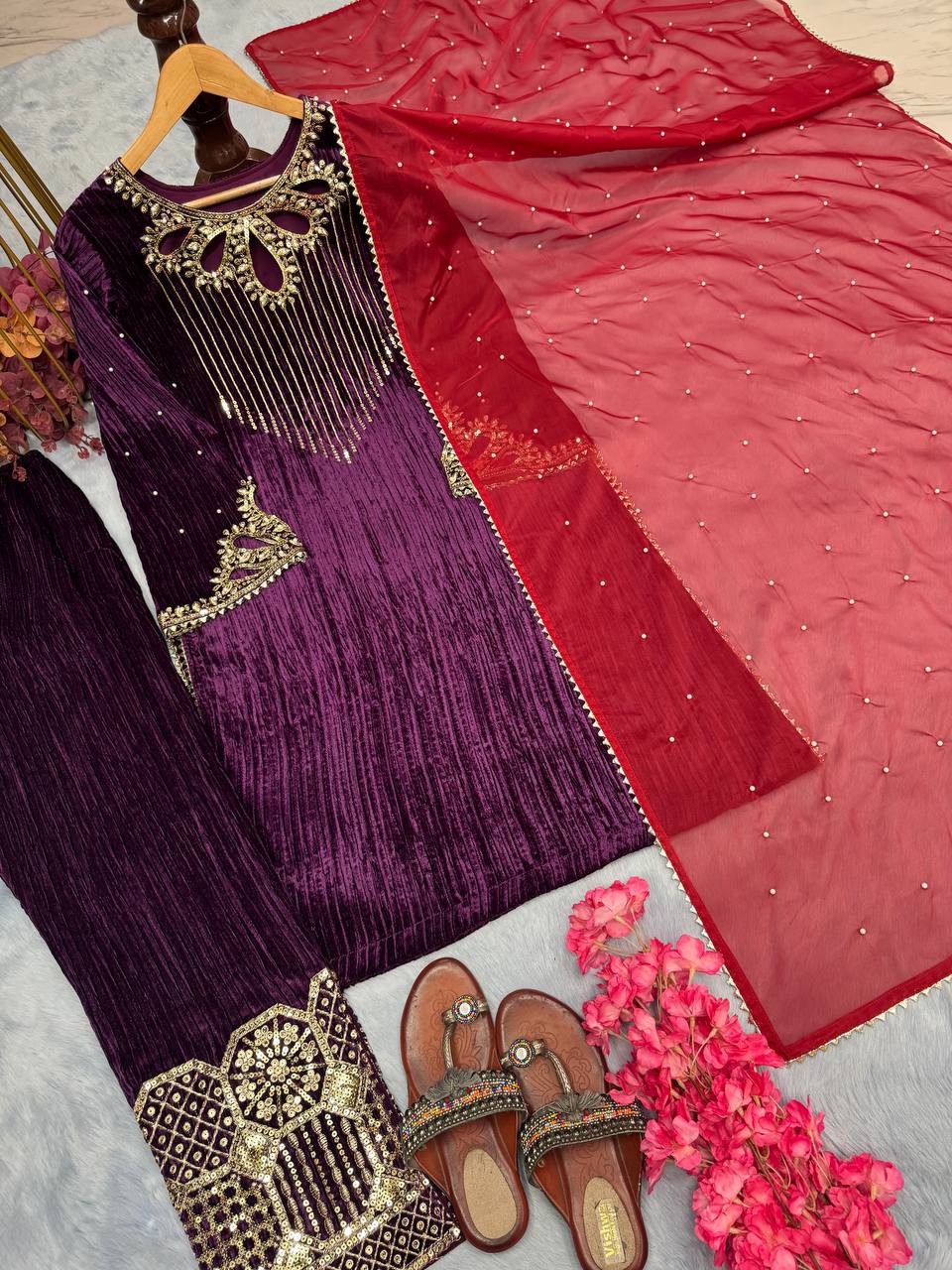 PURPLE CRUSHED VELVET SEQUENCE EMBROIDERY PANTS STYLE SALWAR SUIT WITH DUPATTA