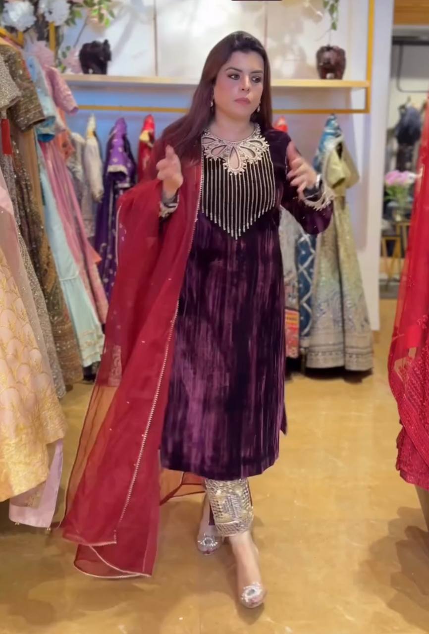 PURPLE CRUSHED VELVET SEQUENCE EMBROIDERY PANTS STYLE SALWAR SUIT WITH DUPATTA