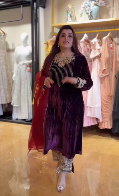 PURPLE CRUSHED VELVET SEQUENCE EMBROIDERY PANTS STYLE SALWAR SUIT WITH DUPATTA