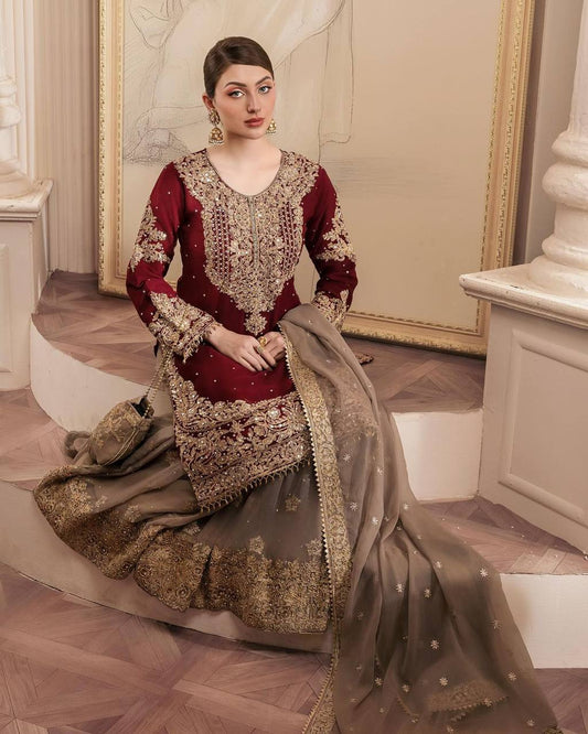 BEAUTIFUL FAUX GEORGETTE CODING & SEQUENCE WORK WITH PEARLS EMBROIDERY SHARARA SALWAR SUIT WITH DUPATTA