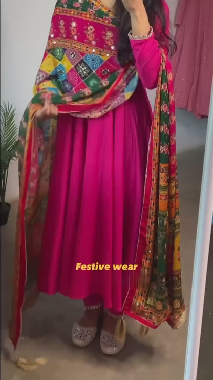 HOT PINK ANARKALI FESTIVE WEAR GOWN WITH PANTS AND DUAPTTA